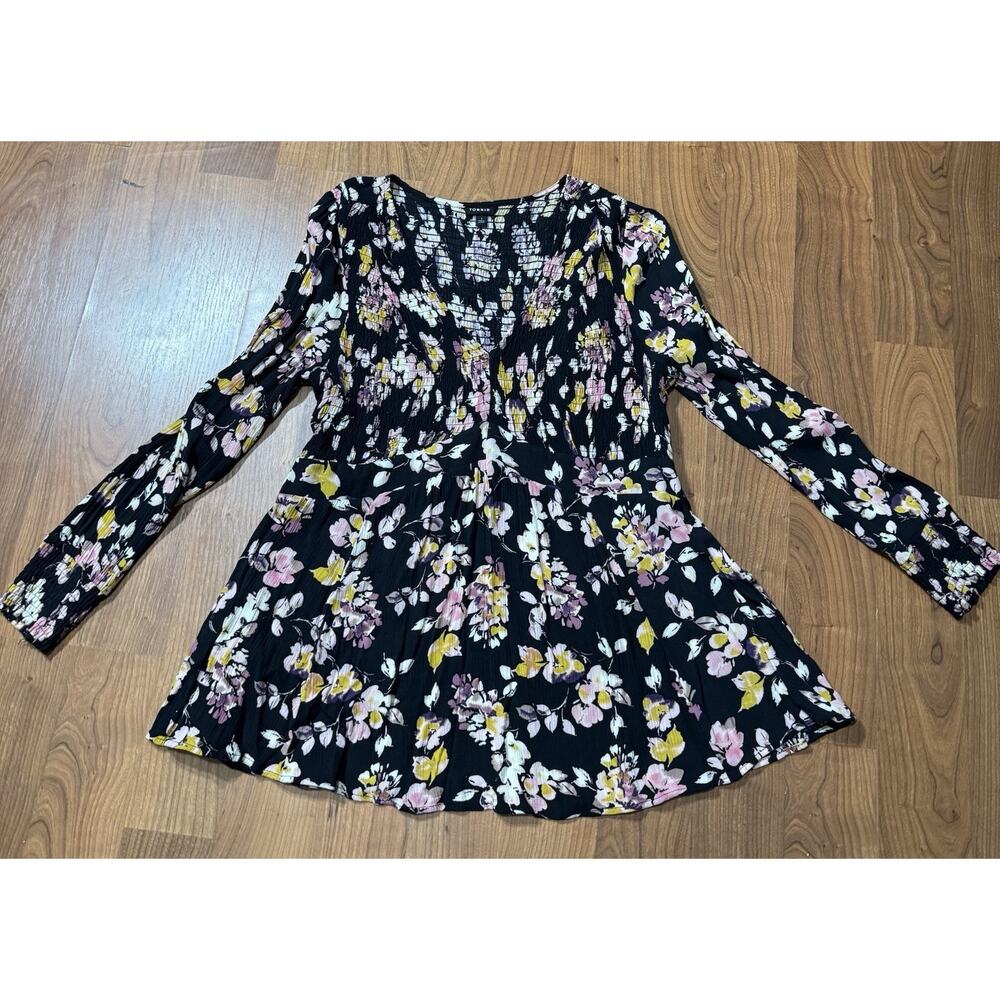 Torrid Floral Pleated A-Line Dress Long Sleeve V-Neck Short Black Pink Size 1